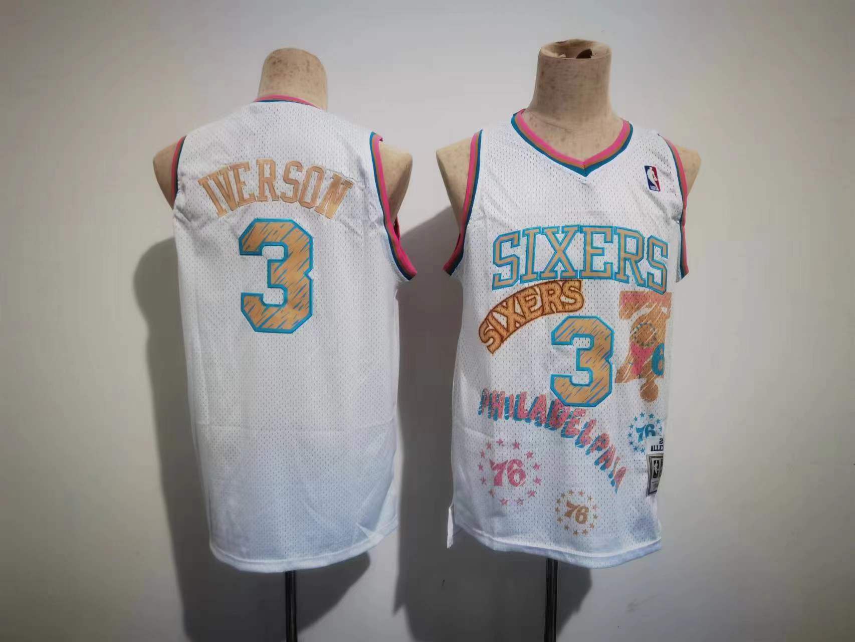 Men Philadelphia 76ers #3 Iverson White Sketching version NBA Jersey->philadelphia 76ers->NBA Jersey